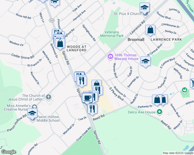 map of restaurants, bars, coffee shops, grocery stores, and more near 519 Donna Circle in Broomall