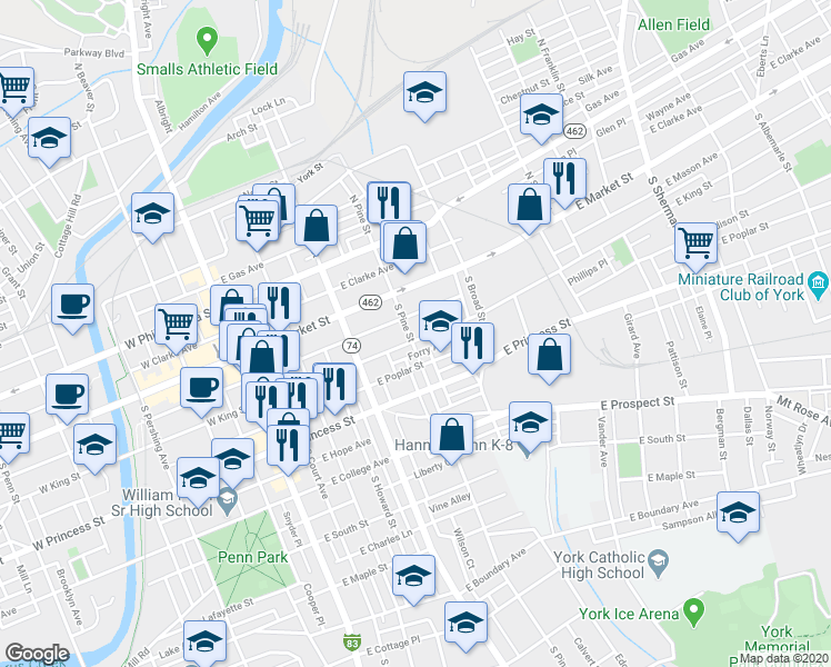 map of restaurants, bars, coffee shops, grocery stores, and more near in York