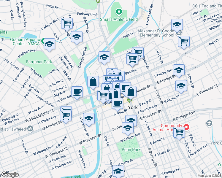 map of restaurants, bars, coffee shops, grocery stores, and more near 34 West Philadelphia Street in York