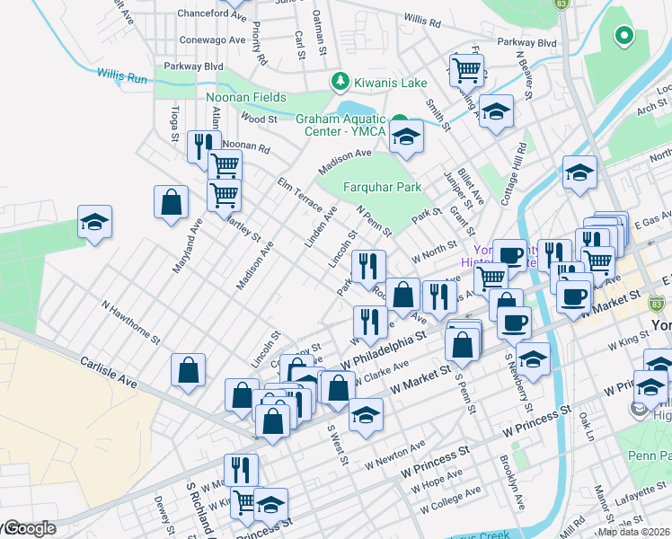map of restaurants, bars, coffee shops, grocery stores, and more near 484 Lincoln Street in York