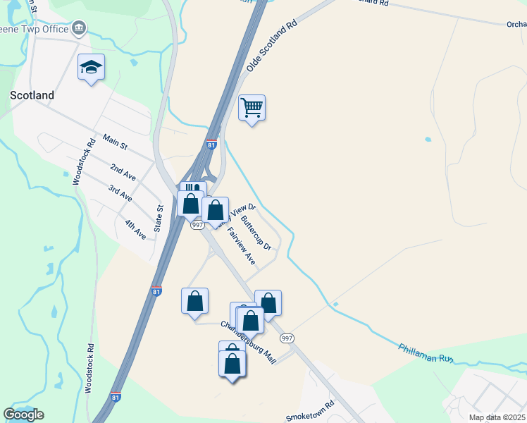 map of restaurants, bars, coffee shops, grocery stores, and more near 3639 Valley View Drive in Chambersburg