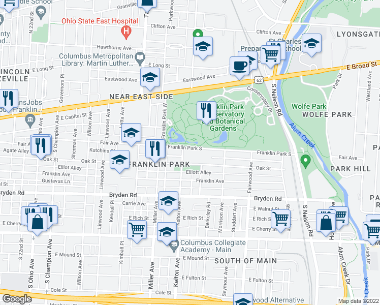 map of restaurants, bars, coffee shops, grocery stores, and more near 1591 Franklin Park West in Columbus