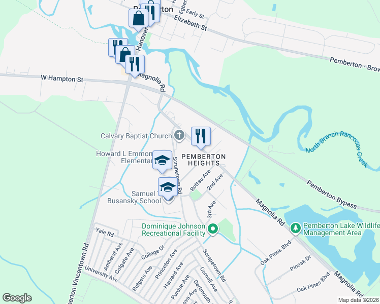 map of restaurants, bars, coffee shops, grocery stores, and more near 12 Scrapetown Rd in Pemberton Township