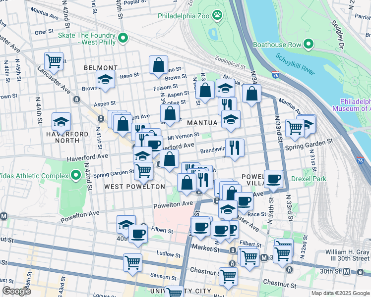 map of restaurants, bars, coffee shops, grocery stores, and more near 3826 Haverford Avenue in Philadelphia