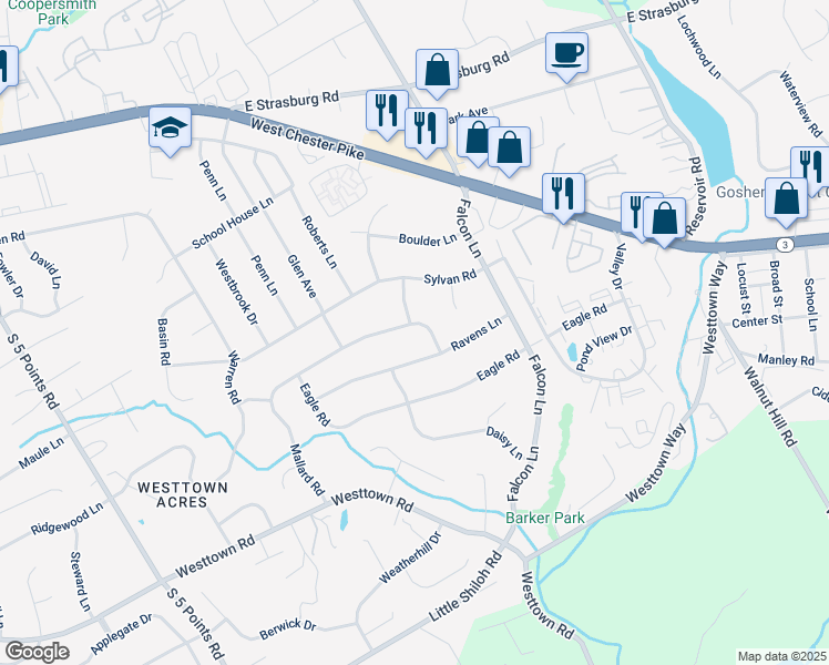 map of restaurants, bars, coffee shops, grocery stores, and more near 1224 Mallard Road in West Chester