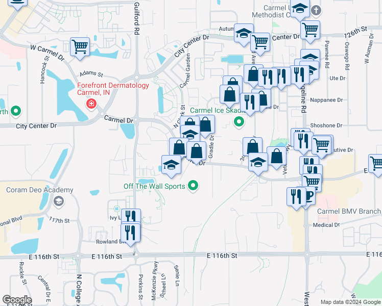 map of restaurants, bars, coffee shops, grocery stores, and more near 530 West Carmel Drive in Carmel