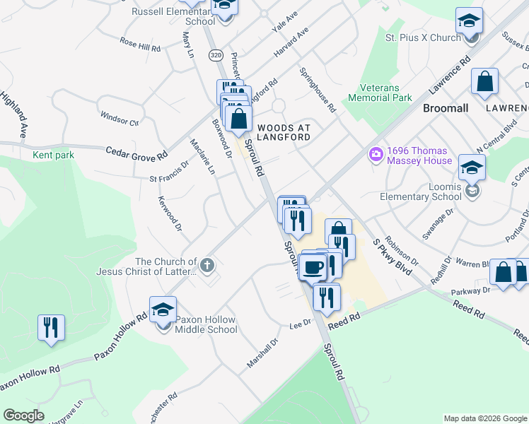 map of restaurants, bars, coffee shops, grocery stores, and more near 2004 Sproul Road in Broomall