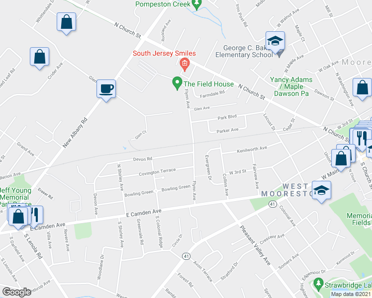 map of restaurants, bars, coffee shops, grocery stores, and more near 509 Devon Road in Moorestown