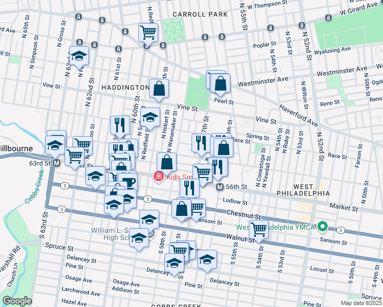 map of restaurants, bars, coffee shops, grocery stores, and more near 5719 Arch Street in Philadelphia