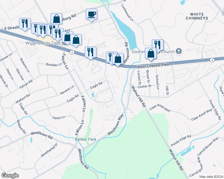 map of restaurants, bars, coffee shops, grocery stores, and more near 803 Valley Drive in West Chester