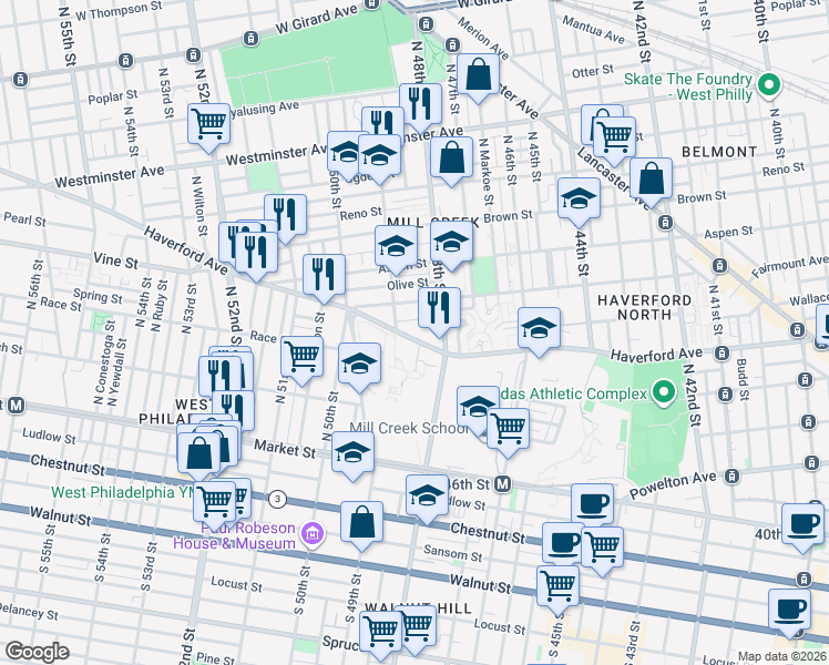 map of restaurants, bars, coffee shops, grocery stores, and more near 4829 Haverford Avenue in Philadelphia