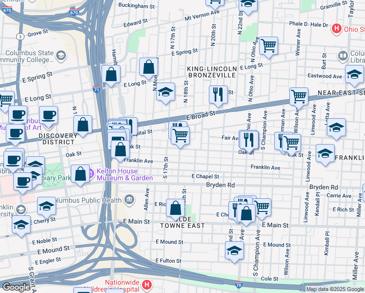 map of restaurants, bars, coffee shops, grocery stores, and more near 80 South 18th Street in Columbus