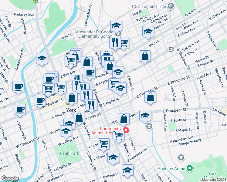 map of restaurants, bars, coffee shops, grocery stores, and more near 63 South Pine Street in York