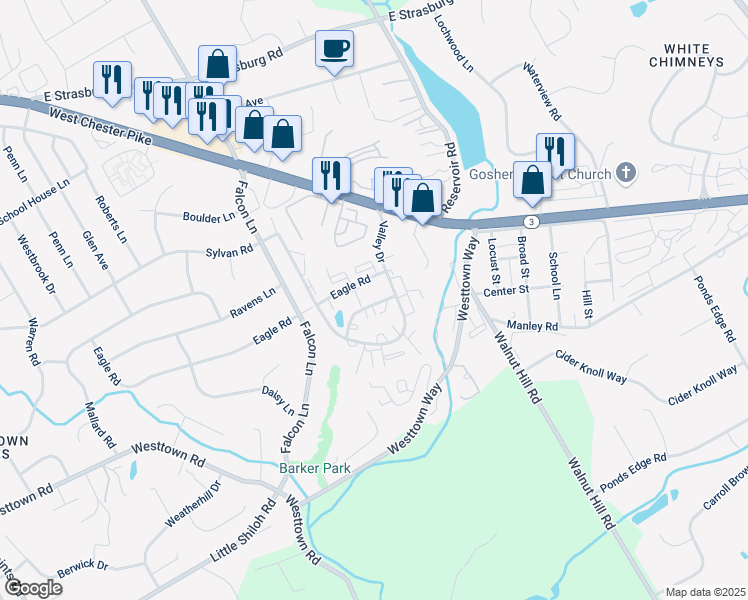 map of restaurants, bars, coffee shops, grocery stores, and more near 2506 Pond View Drive in West Chester