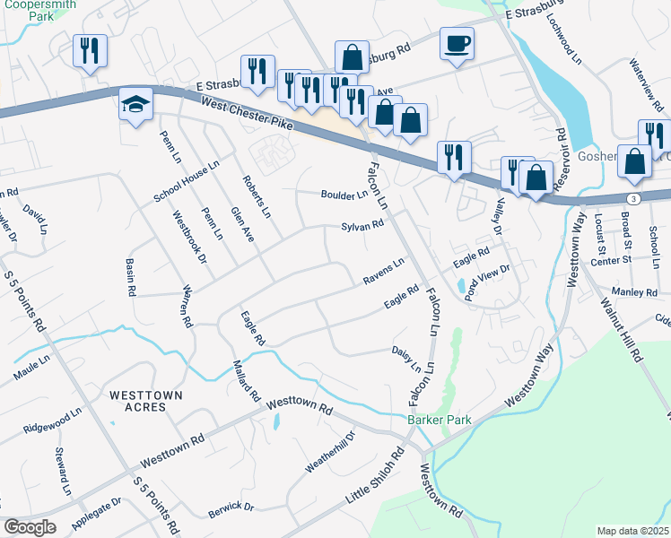 map of restaurants, bars, coffee shops, grocery stores, and more near 1224 Mallard Road in West Chester