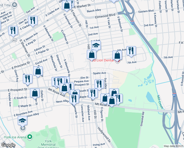 map of restaurants, bars, coffee shops, grocery stores, and more near 401 Hill Street in York