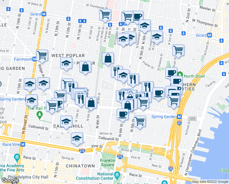 map of restaurants, bars, coffee shops, grocery stores, and more near N 7th St & Wallace St in Philadelphia