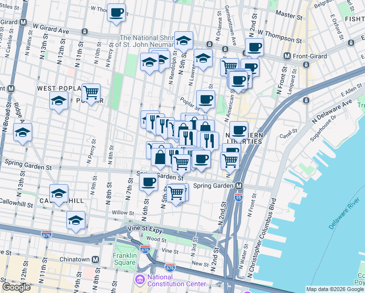 map of restaurants, bars, coffee shops, grocery stores, and more near 423 Fairmount Avenue in Philadelphia