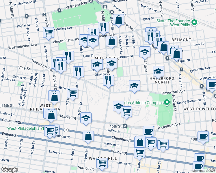 map of restaurants, bars, coffee shops, grocery stores, and more near 618 Moss Street in Philadelphia