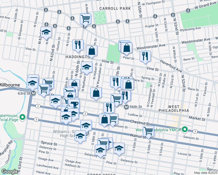 map of restaurants, bars, coffee shops, grocery stores, and more near 5725 Arch Street in Philadelphia
