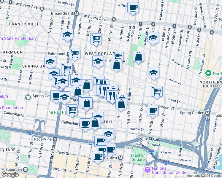map of restaurants, bars, coffee shops, grocery stores, and more near 1002 Mount Vernon Street in Philadelphia