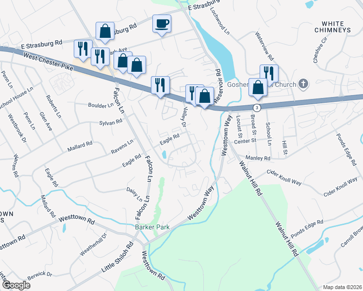 map of restaurants, bars, coffee shops, grocery stores, and more near 2506 Pond View Drive in West Chester