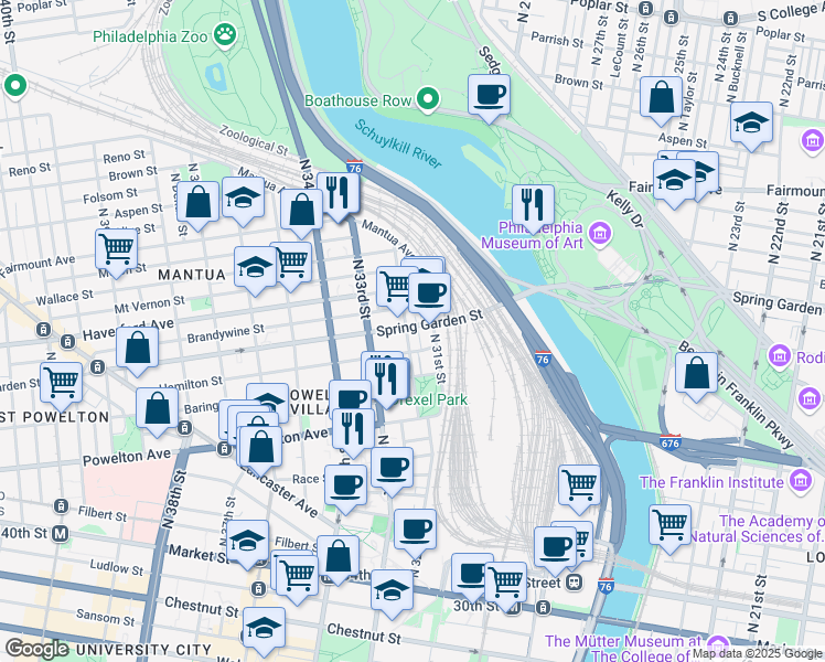 map of restaurants, bars, coffee shops, grocery stores, and more near 441 North 32nd Street in Philadelphia