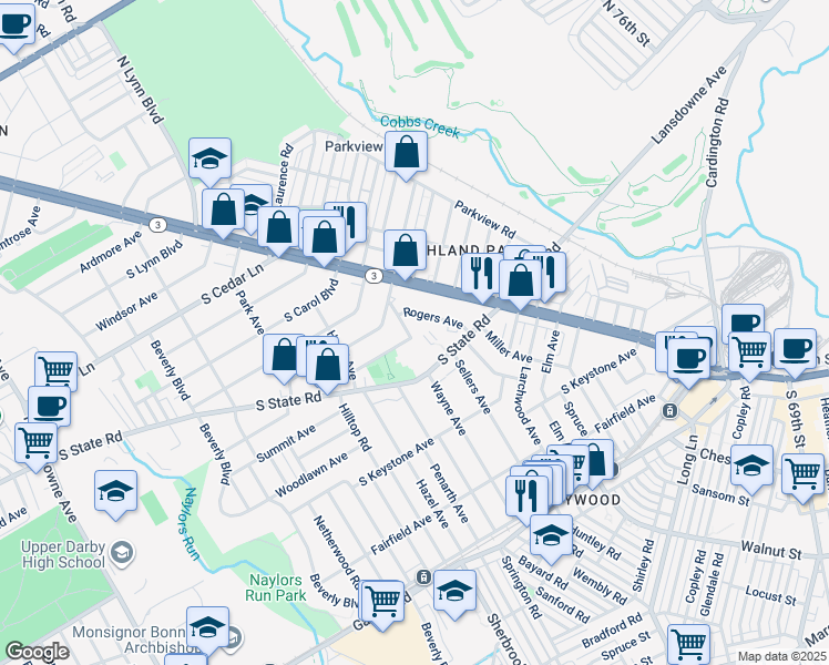 map of restaurants, bars, coffee shops, grocery stores, and more near 7759 Wayne Avenue in Delaware County