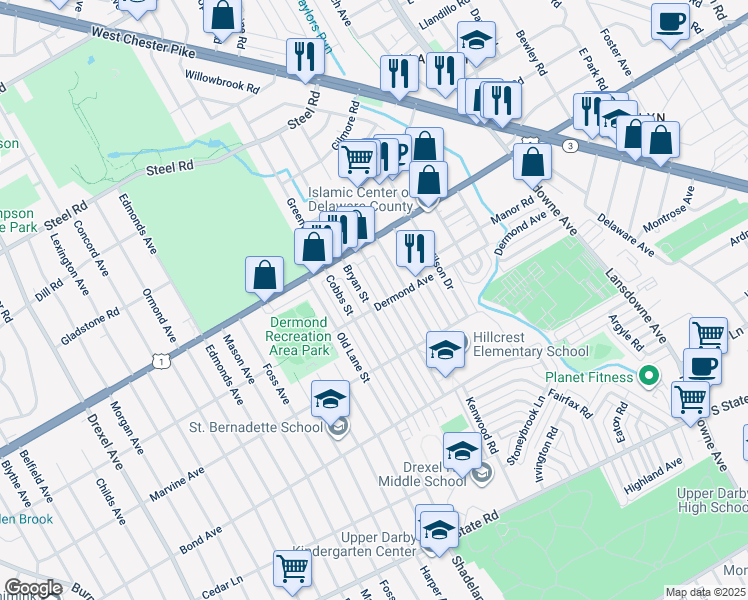 map of restaurants, bars, coffee shops, grocery stores, and more near 1205 Bryan Street in Drexel Hill
