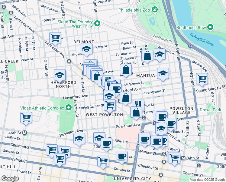 map of restaurants, bars, coffee shops, grocery stores, and more near 3947 Haverford Avenue in Philadelphia