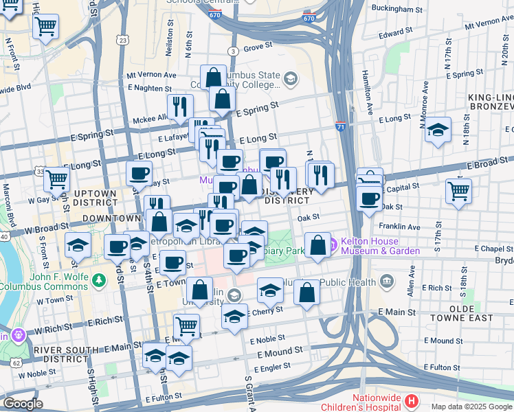 map of restaurants, bars, coffee shops, grocery stores, and more near 431 East Broad Street in Columbus