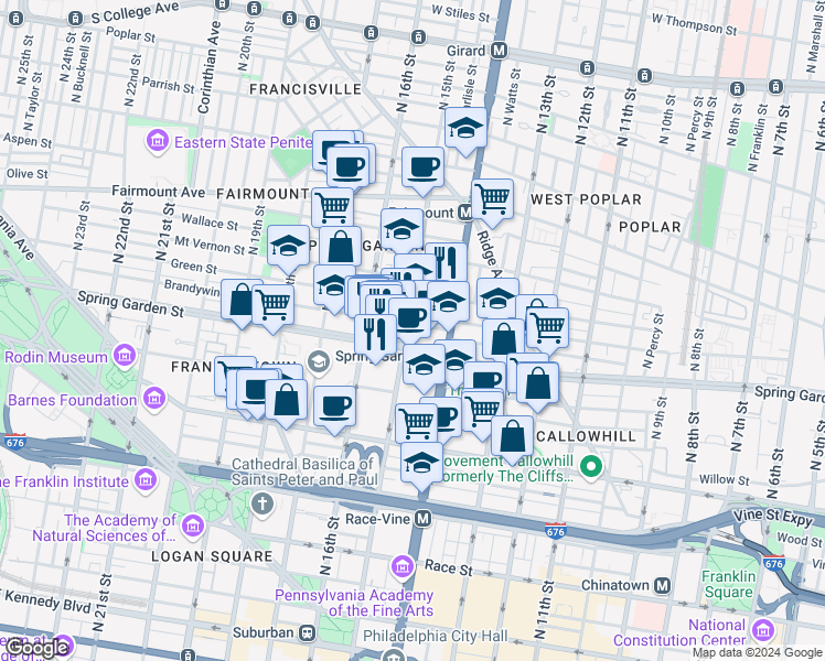 map of restaurants, bars, coffee shops, grocery stores, and more near 563 North 15th Street in Philadelphia