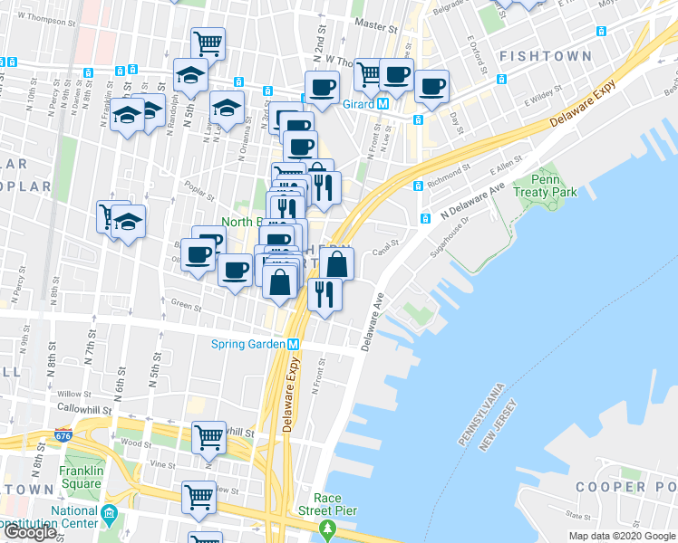 map of restaurants, bars, coffee shops, grocery stores, and more near 906 North Front Street in Philadelphia