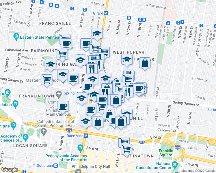 map of restaurants, bars, coffee shops, grocery stores, and more near Green Street in Philadelphia