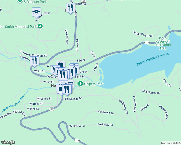map of restaurants, bars, coffee shops, grocery stores, and more near 108 East 3rd Street in Nederland