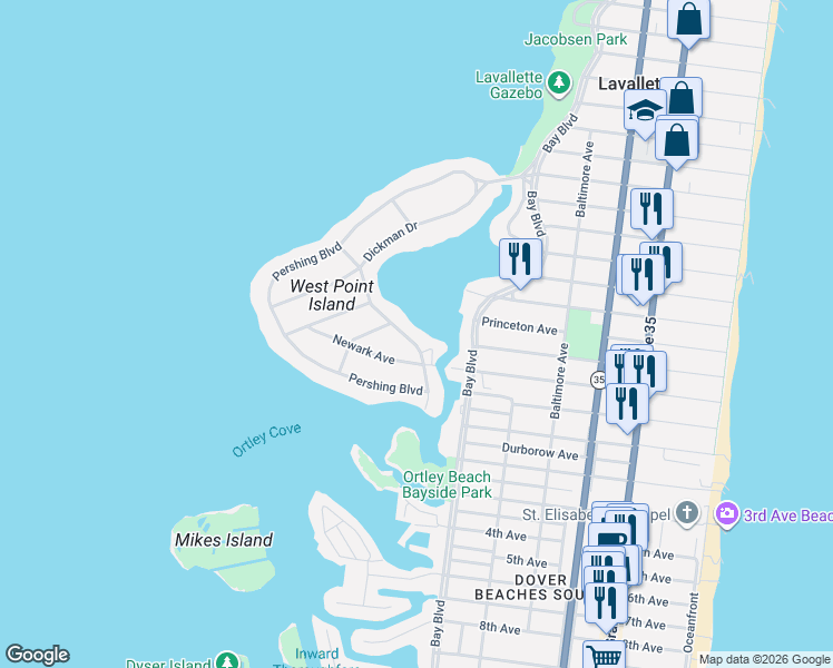 map of restaurants, bars, coffee shops, grocery stores, and more near 98 Dickman Drive in Lavallette