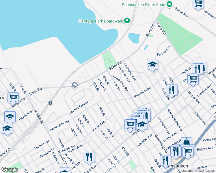 map of restaurants, bars, coffee shops, grocery stores, and more near 1519 48th Street in Pennsauken Township
