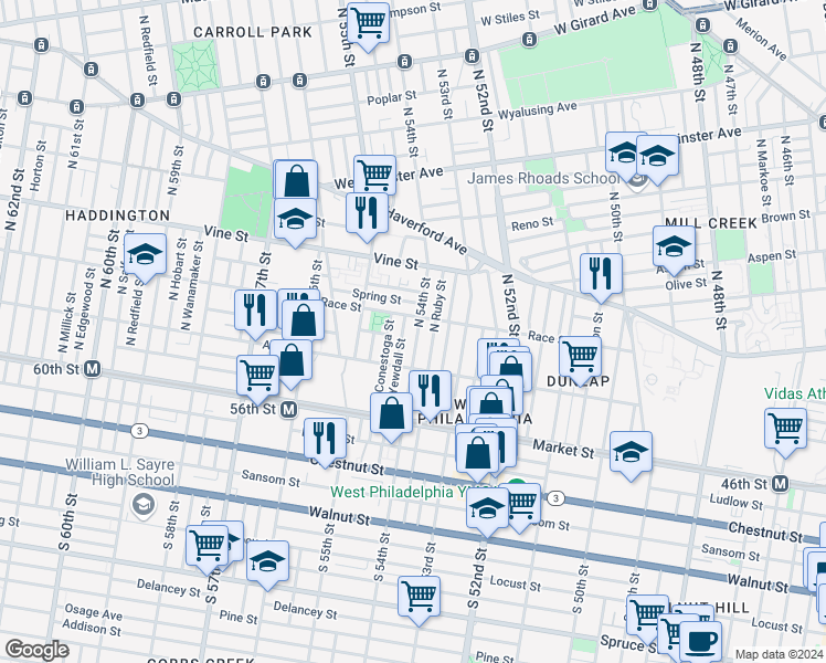 map of restaurants, bars, coffee shops, grocery stores, and more near 148 North 54th Street in Philadelphia