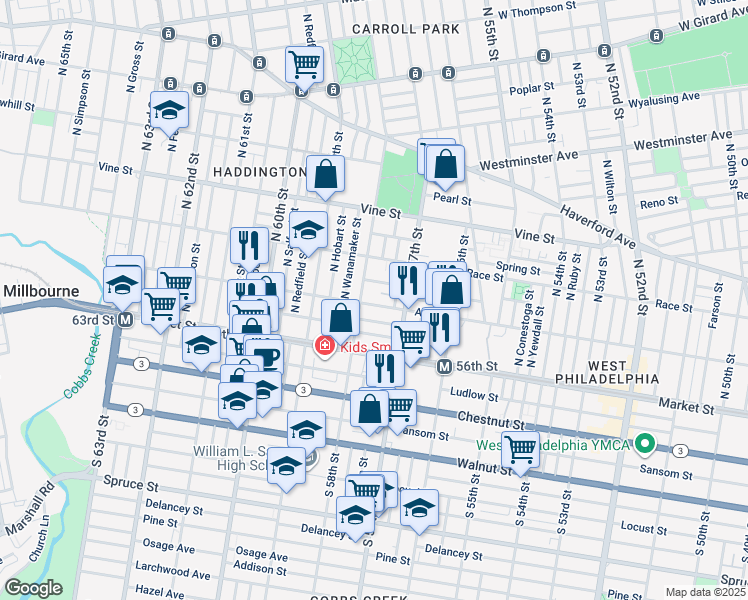 map of restaurants, bars, coffee shops, grocery stores, and more near 5743 Arch Street in Philadelphia