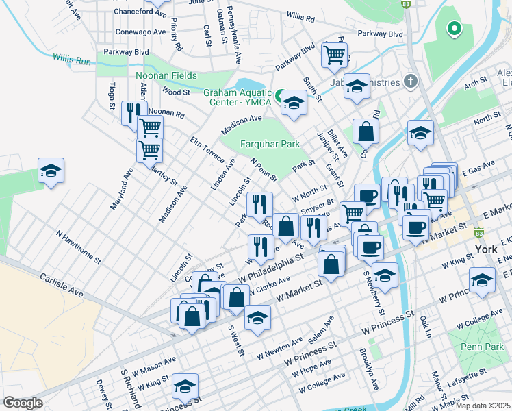 map of restaurants, bars, coffee shops, grocery stores, and more near 261 Roosevelt Avenue in York