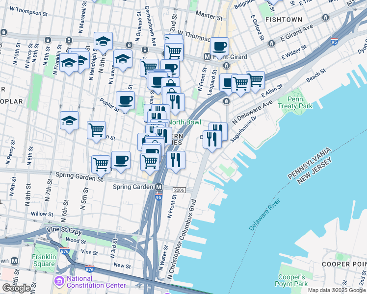 map of restaurants, bars, coffee shops, grocery stores, and more near 103 Poplar Street in Philadelphia