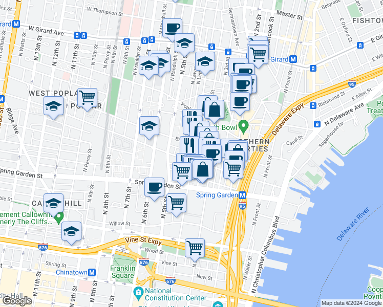 map of restaurants, bars, coffee shops, grocery stores, and more near 714 North 4th Street in Philadelphia