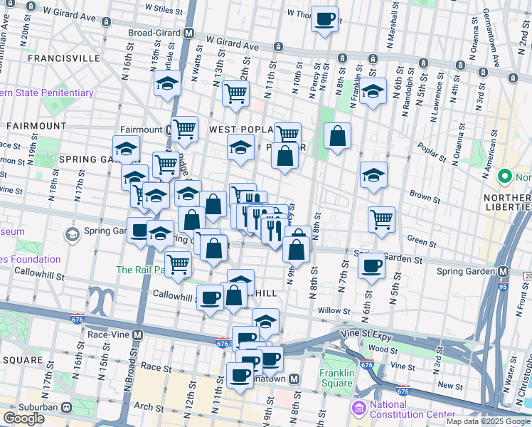 map of restaurants, bars, coffee shops, grocery stores, and more near 1002 Mount Vernon Street in Philadelphia
