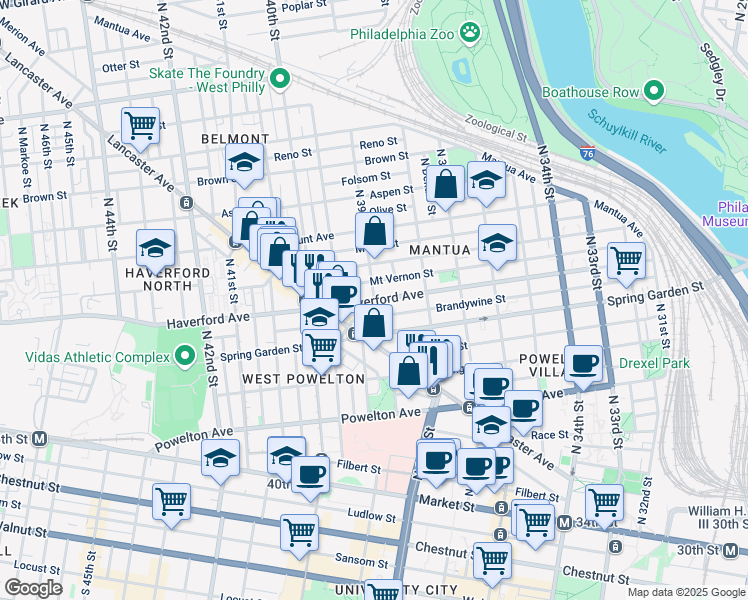 map of restaurants, bars, coffee shops, grocery stores, and more near Haverford Ave & N 39th St in Philadelphia