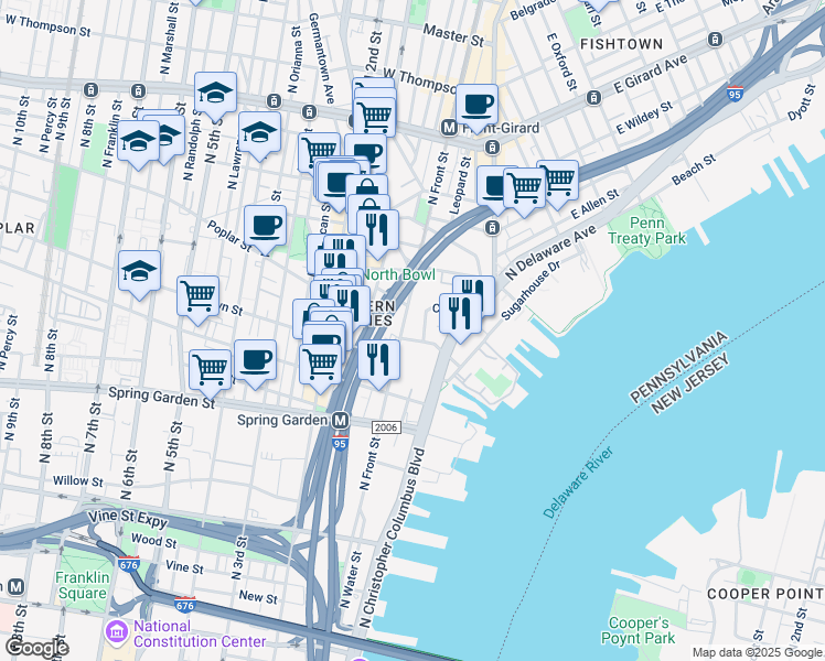 map of restaurants, bars, coffee shops, grocery stores, and more near 5 Poplar Street in Philadelphia