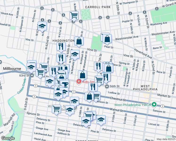 map of restaurants, bars, coffee shops, grocery stores, and more near 101 North 58th Street in Philadelphia
