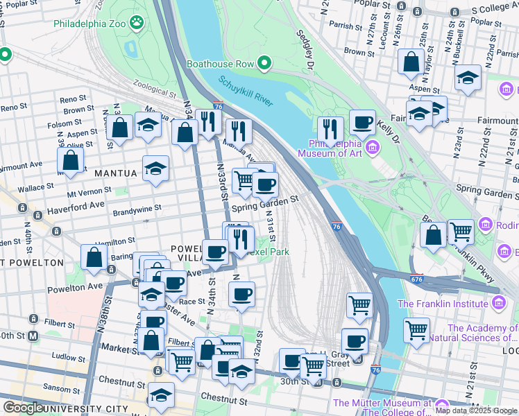 map of restaurants, bars, coffee shops, grocery stores, and more near 3120 Spring Garden Street in Philadelphia