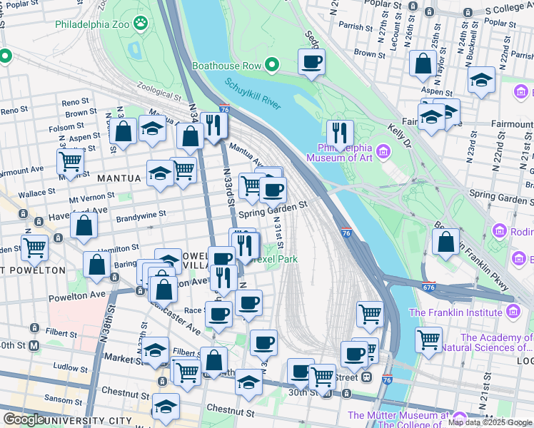 map of restaurants, bars, coffee shops, grocery stores, and more near 3120 Spring Garden Street in Philadelphia