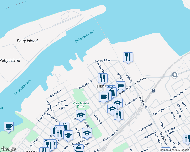 map of restaurants, bars, coffee shops, grocery stores, and more near 1204 North 32nd Street in Camden