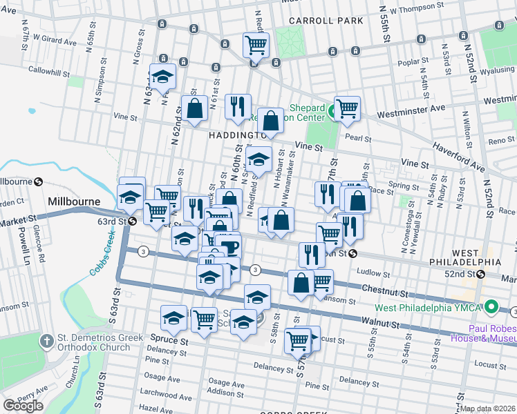 map of restaurants, bars, coffee shops, grocery stores, and more near 58 N 59th St in Philadelphia